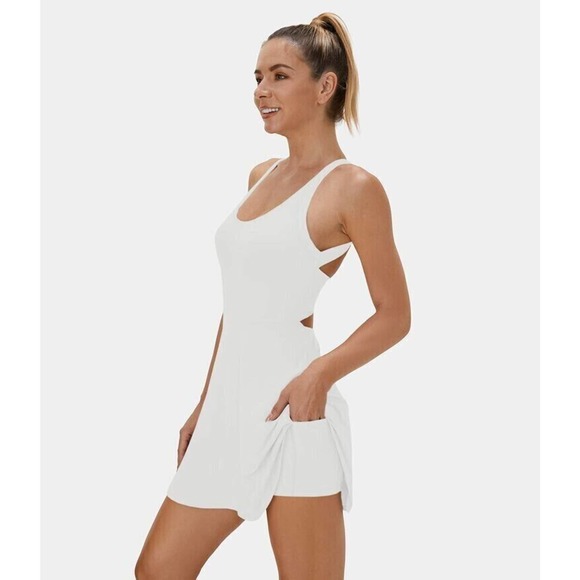 Halara Dresses & Skirts - Halara Cut Out Twisted Side Pocket 2-in-1 Barre Ballet Dance Dress White L NWT